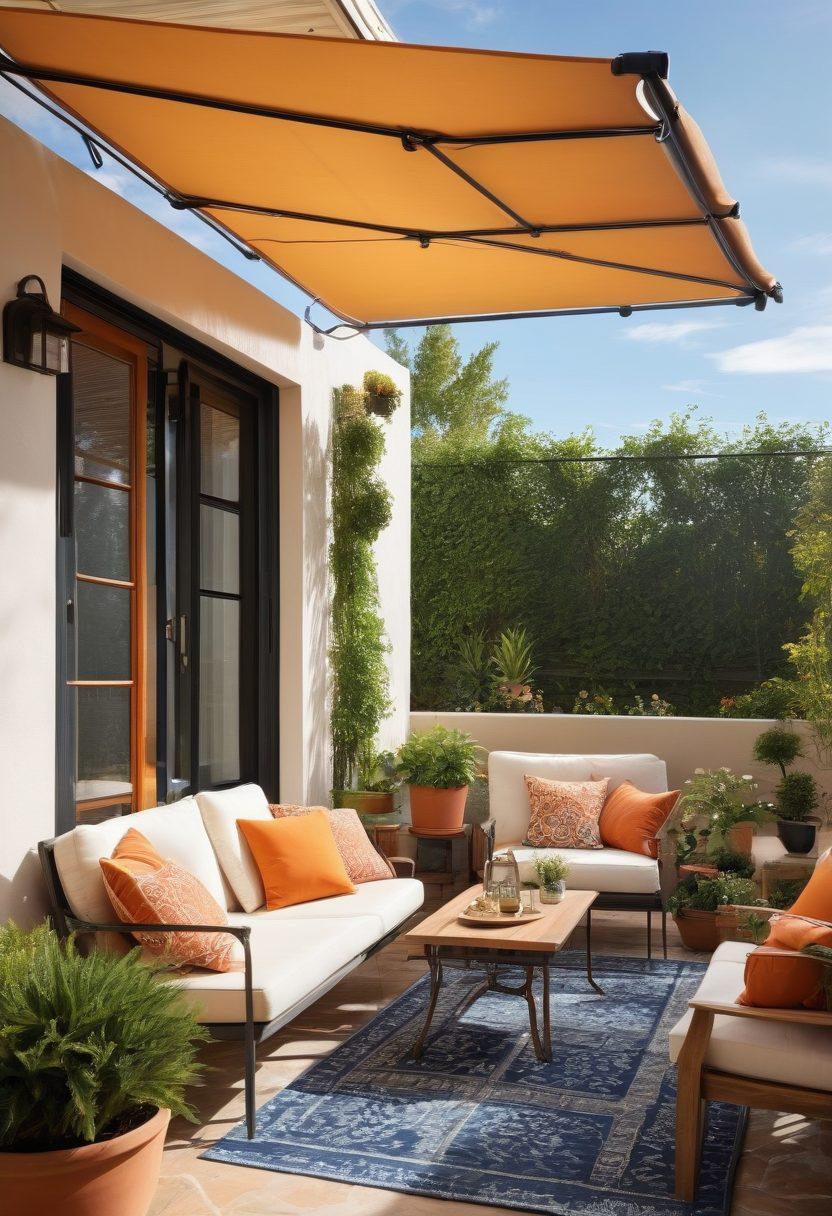 A vibrant outdoor scene showcasing a beautifully designed patio featuring various stylish awnings and canopies in different colors and patterns. Include comfortable outdoor furniture adorned with cushions, potted plants, and subtle lighting to create a cozy atmosphere. The sky should be bright blue with soft clouds, representing a perfect sunny day, while a family enjoys the space, emphasizing the transformation. Use warm tones for a welcoming feeling. super-realistic. vibrant colors. sunny day.
