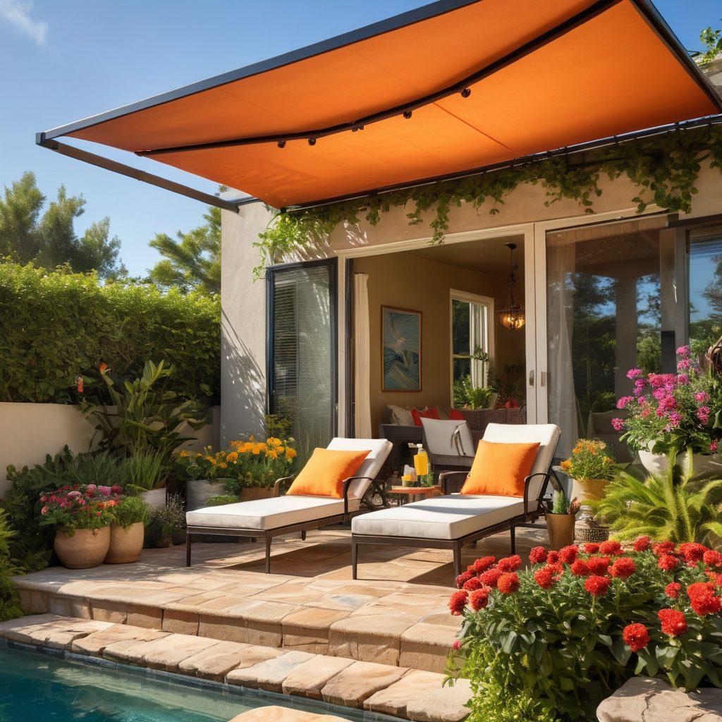 An inviting outdoor oasis featuring a stylish awning providing shade over a cozy seating area. Lush greenery and colorful flowers surround the space, with the sun subtly filtering through the awning. Include a bright blue sky in the background and a few sunbathers with sunblock on their skin, enjoying the comfort of UV protection. The overall ambiance should be relaxing and vibrant. super-realistic. vibrant colors. outdoor scene.