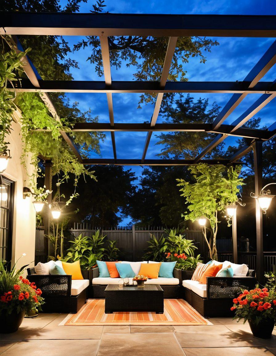 A beautifully designed patio showcasing elegant outdoor canopies with various styles and colors, surrounded by lush greenery and vibrant flowers. Include comfortable seating areas underneath the canopies, illuminated by soft, warm lights. Add elements like decorative cushions, hanging plants, and a gentle breeze to evoke a cozy atmosphere. The sky should be a clear blue with a few fluffy clouds. super-realistic. vibrant colors. outdoor setting.